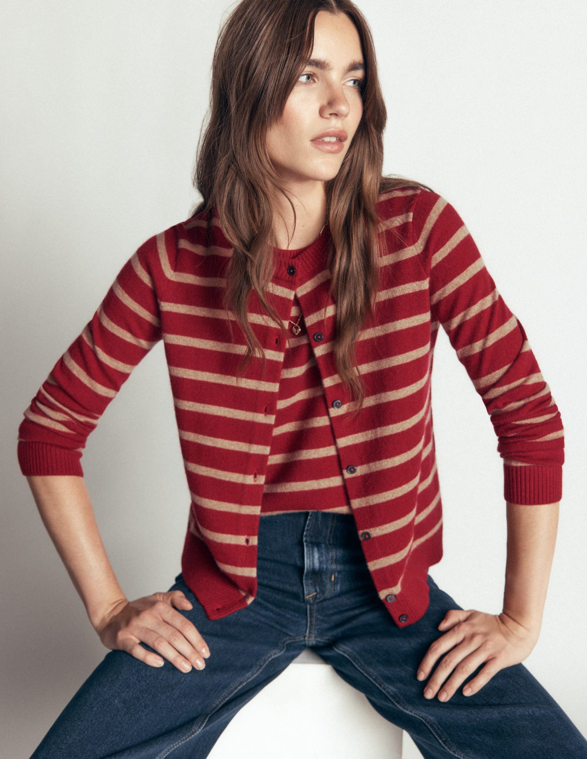 Elsie Cashmere Crew Cardigan-Poppy Red. Camel Stripe - Image 7