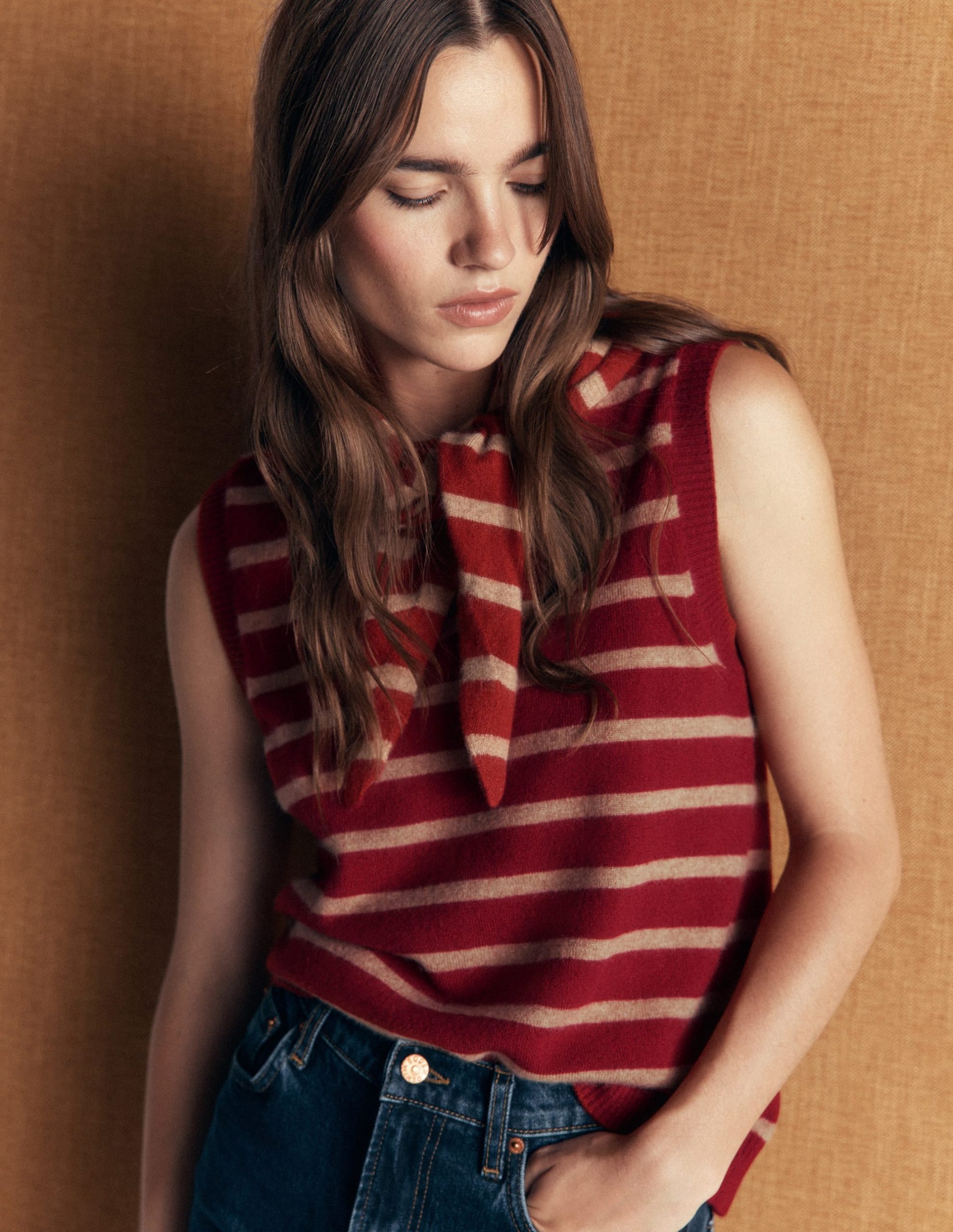 Elsie Cashmere Tank-Poppy Red. Camel Stripe - Image 2