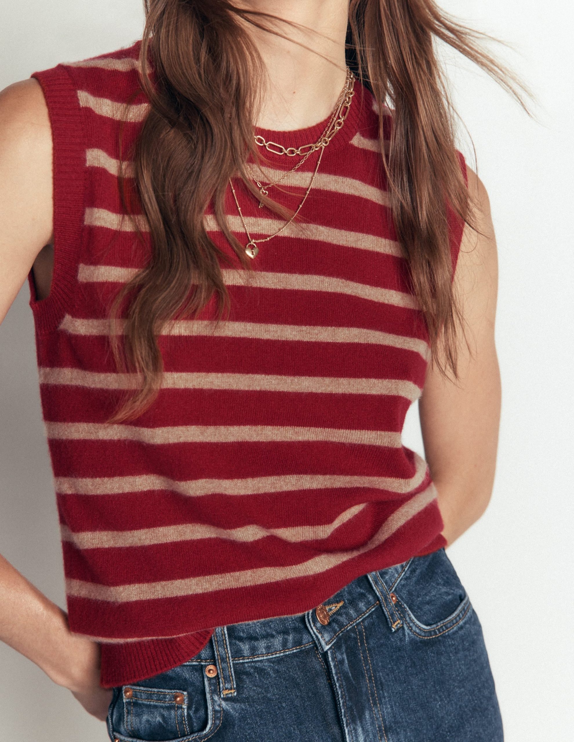 Elsie Cashmere Tank-Poppy Red. Camel Stripe - Image 3