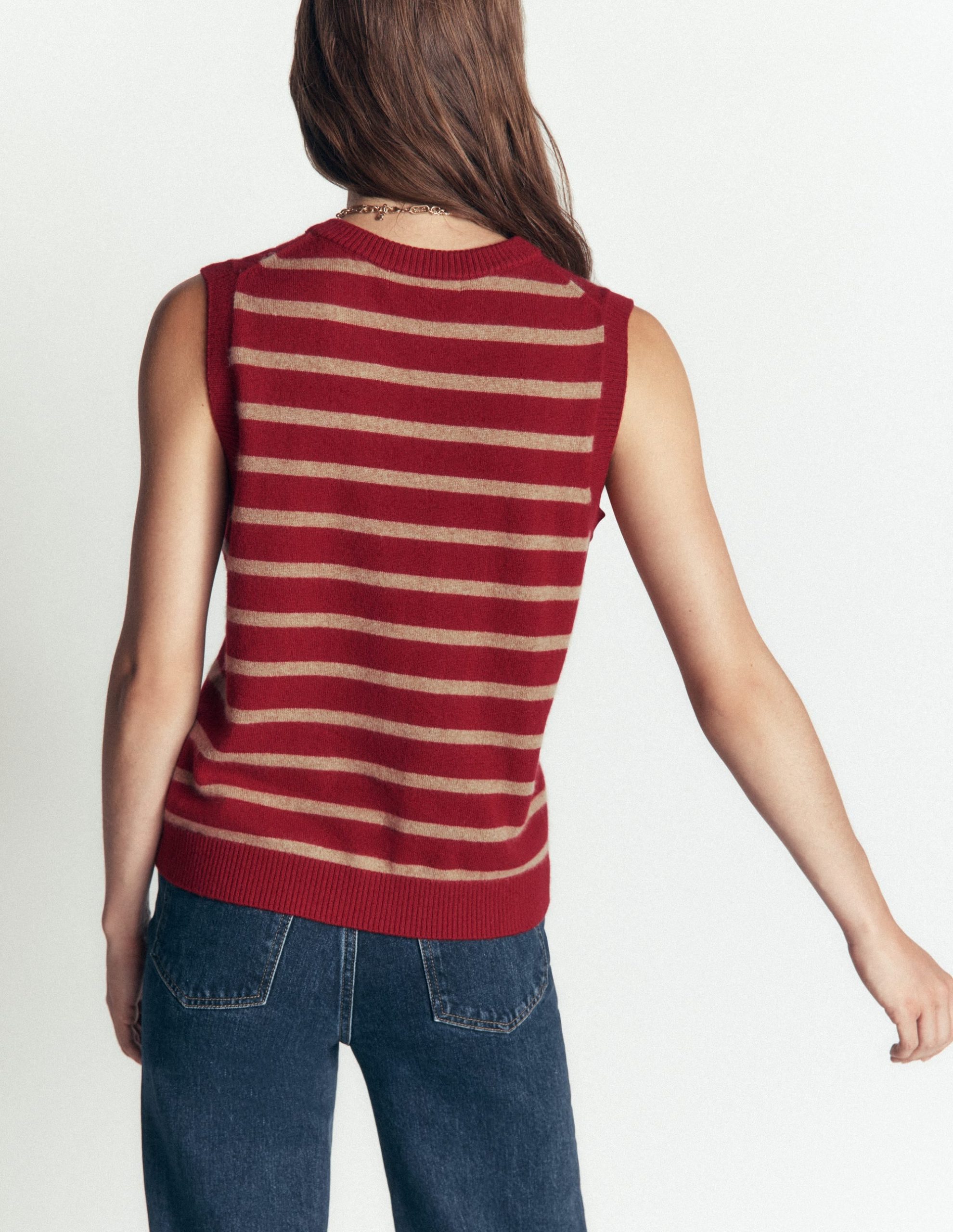 Elsie Cashmere Tank-Poppy Red. Camel Stripe - Image 4