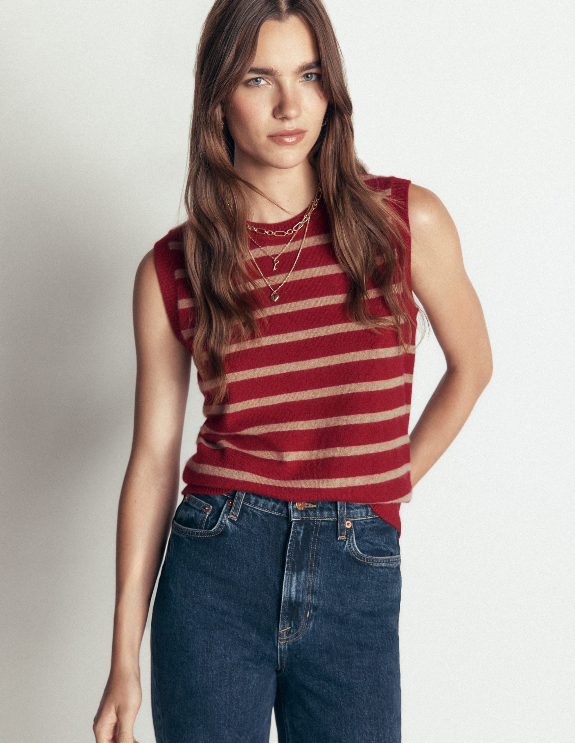 Elsie Cashmere Tank-Poppy Red. Camel Stripe - Image 5