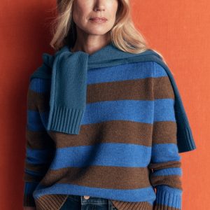 Marta Merino Wool Crew Sweater-Bitter Chocolate. Blue Stripe