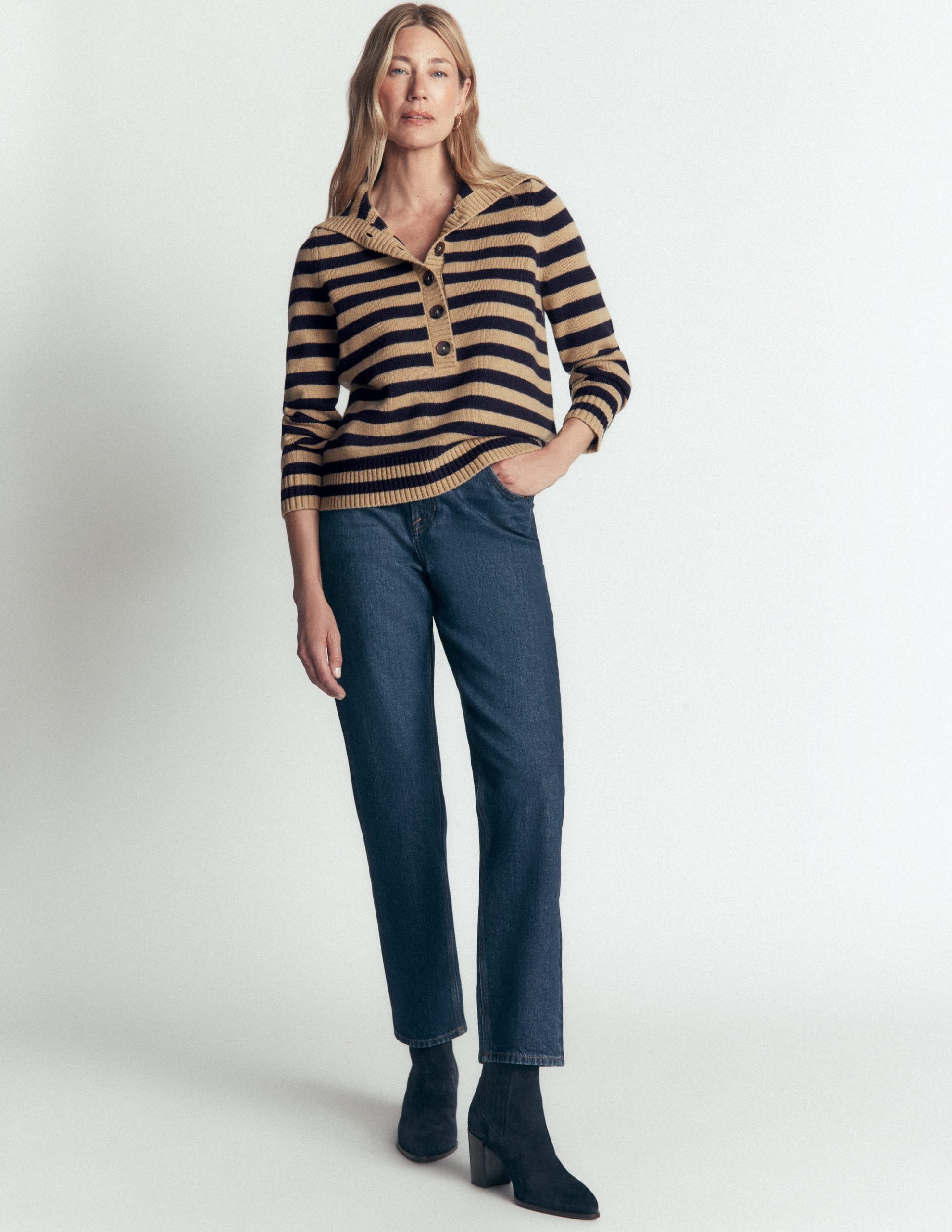 Marta Merino Wool Sailor Top-Camel. Navy Stripe - Image 5