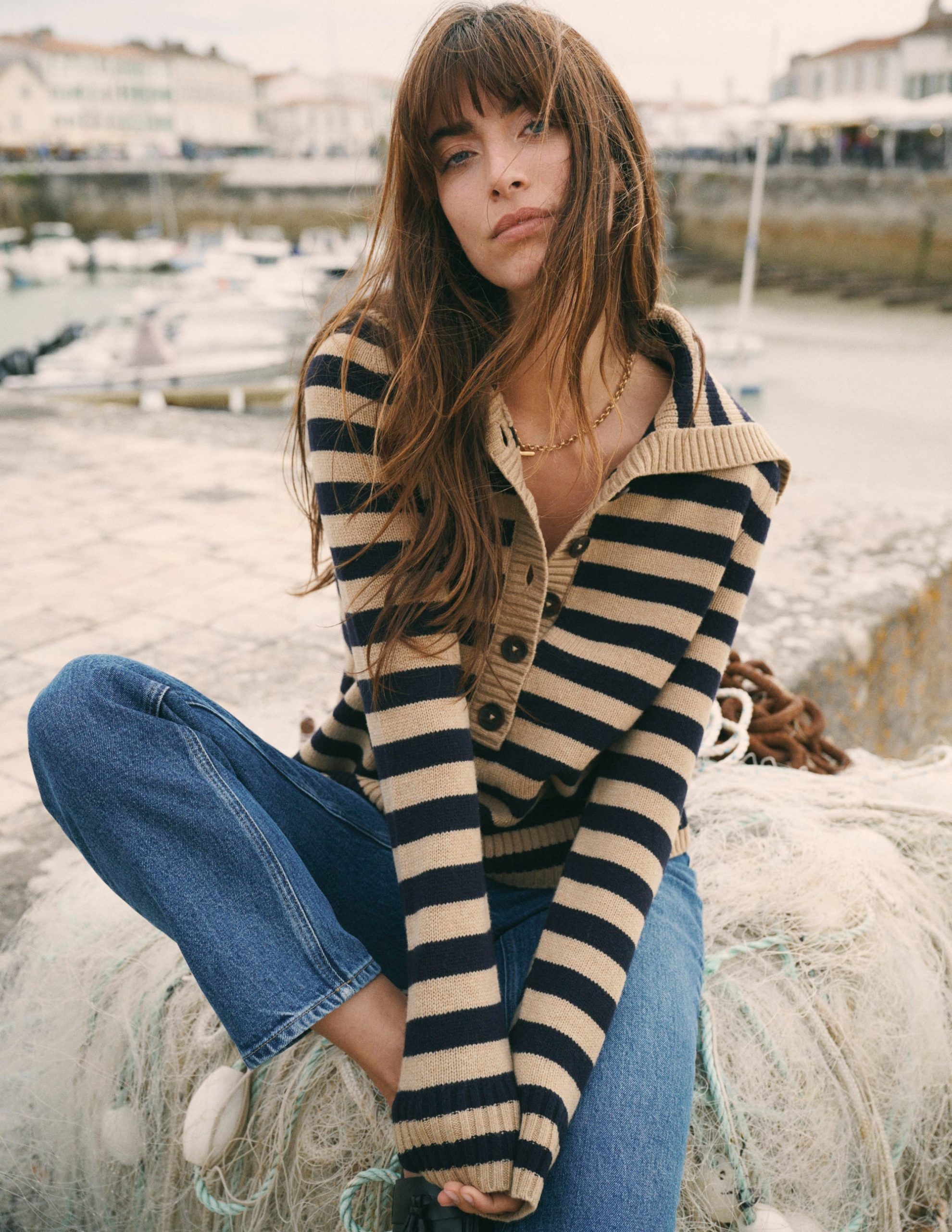 Marta Merino Wool Sailor Top-Camel. Navy Stripe