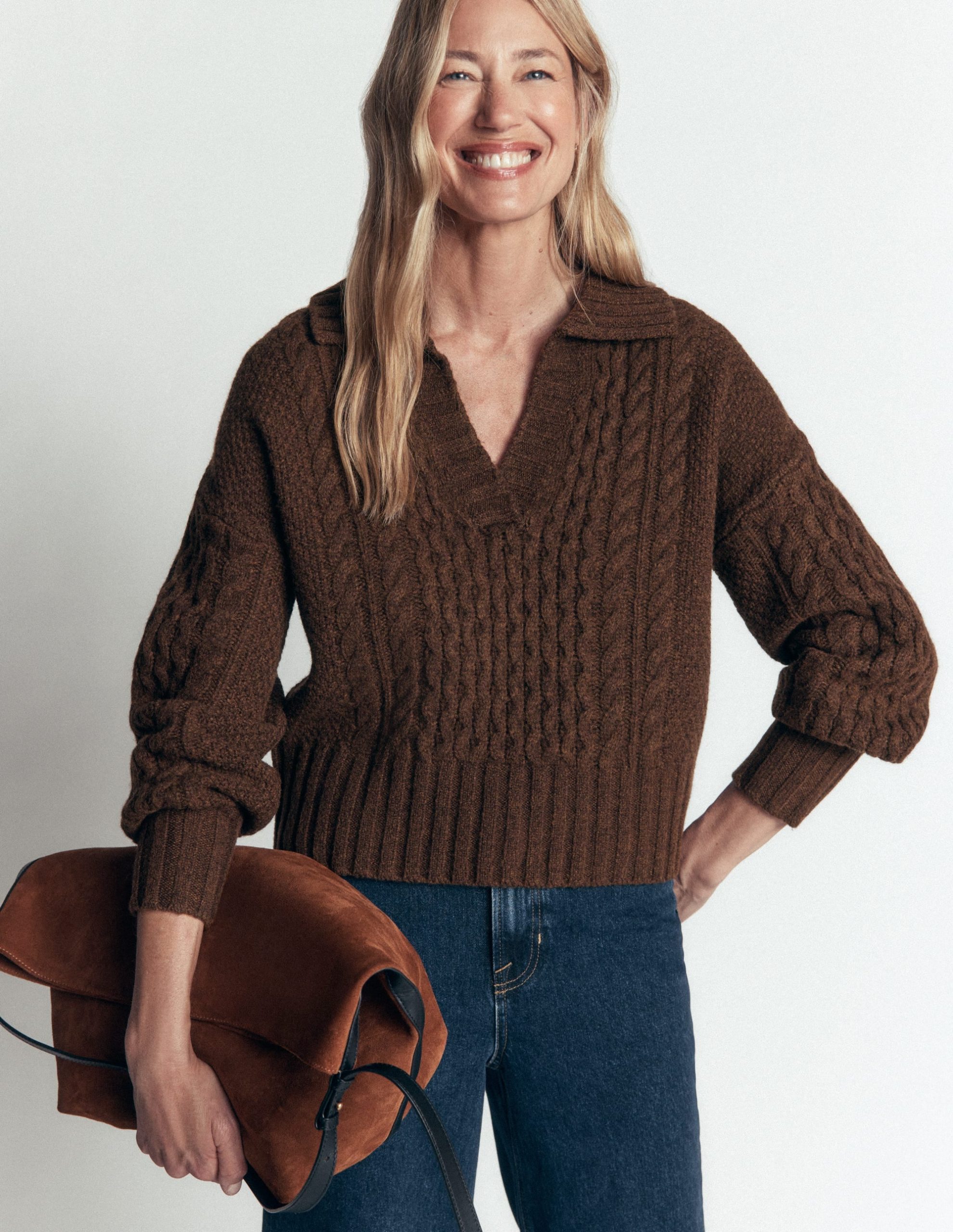 Collared Cable Knit Sweater-Raw Umber - Image 2