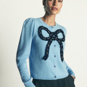 Ria Embellished Knit Cardigan-Blue. Bow