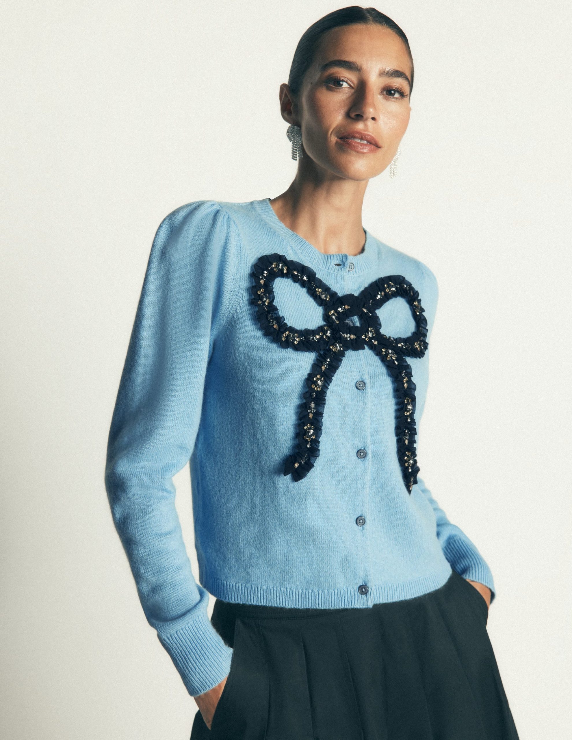 Ria Embellished Knit Cardigan-Blue. Bow