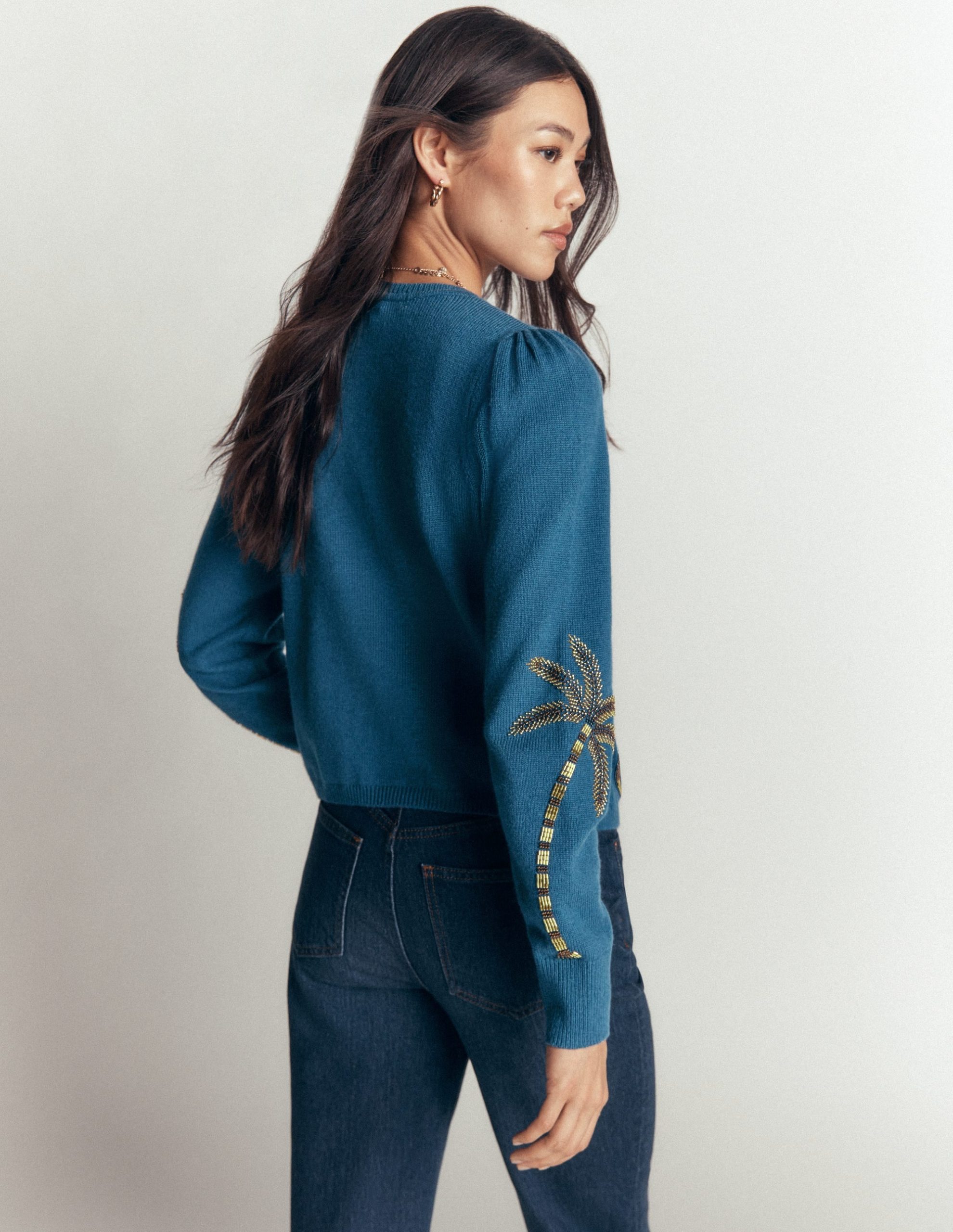 Ria Embellished Knit Cardigan-Blue. Palm - Image 4
