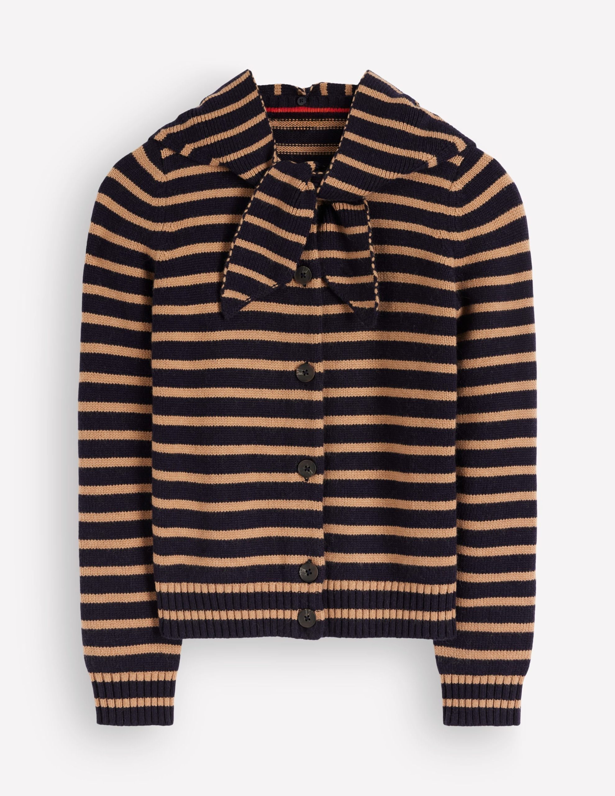 Lydia Tie Neck Knit Cardigan-Camel Melange. Navy Stripe - Image 5