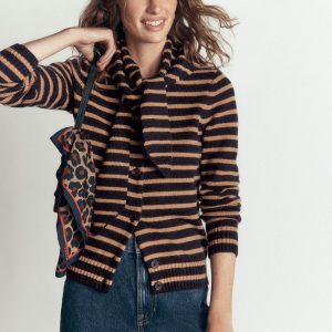Lydia Tie Neck Knit Cardigan-Camel Melange. Navy Stripe