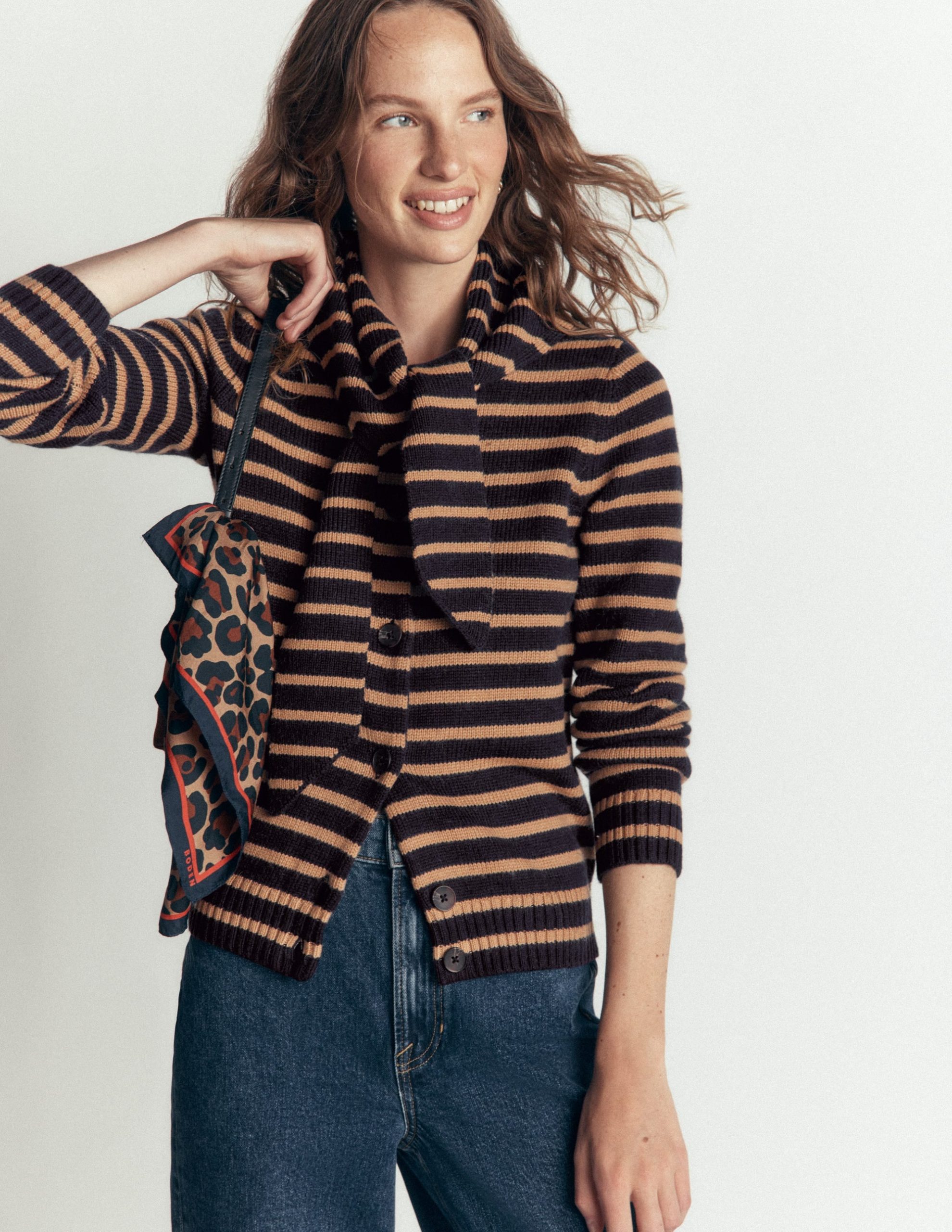 Lydia Tie Neck Knit Cardigan-Camel Melange. Navy Stripe