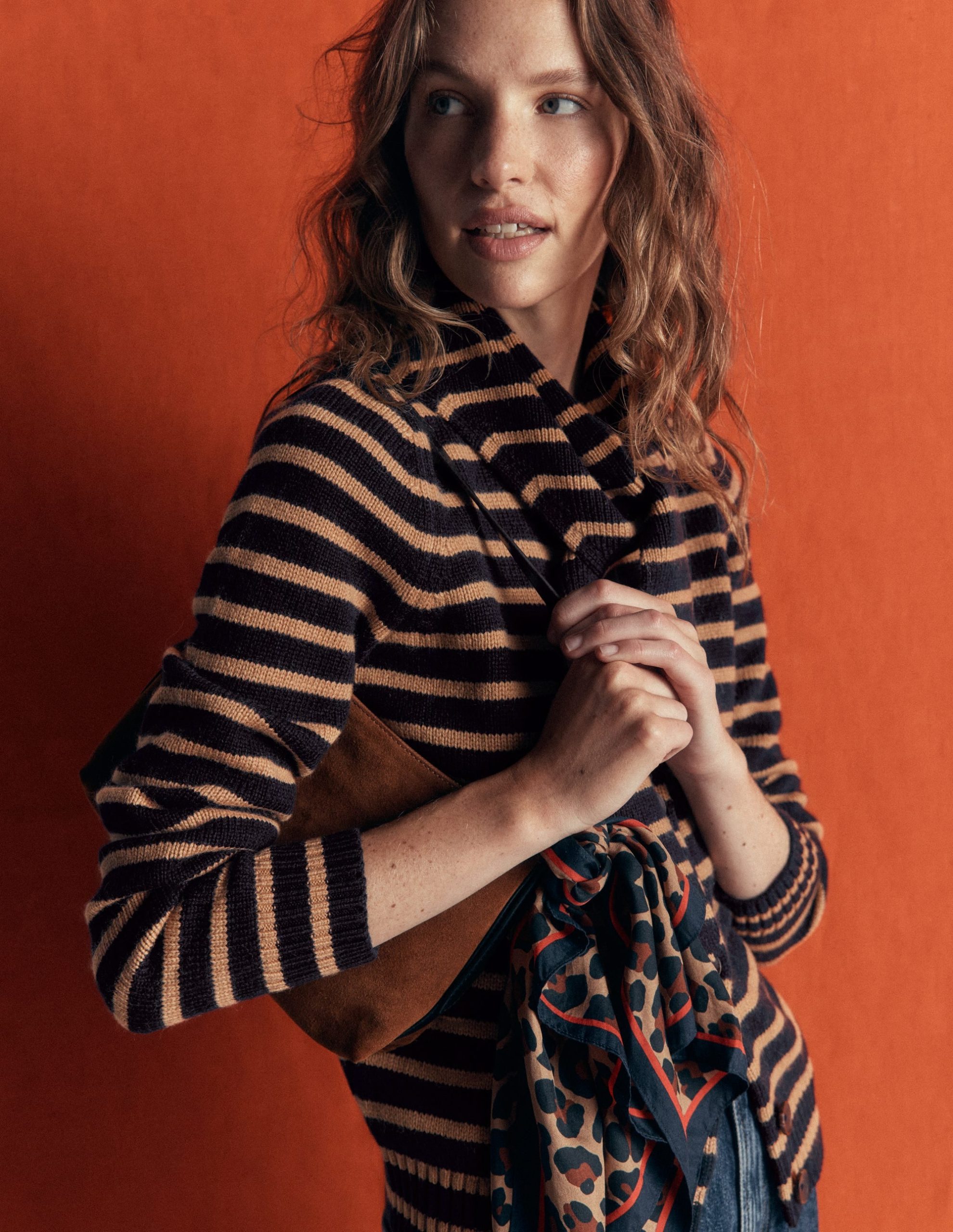 Lydia Tie Neck Knit Cardigan-Camel Melange. Navy Stripe - Image 2
