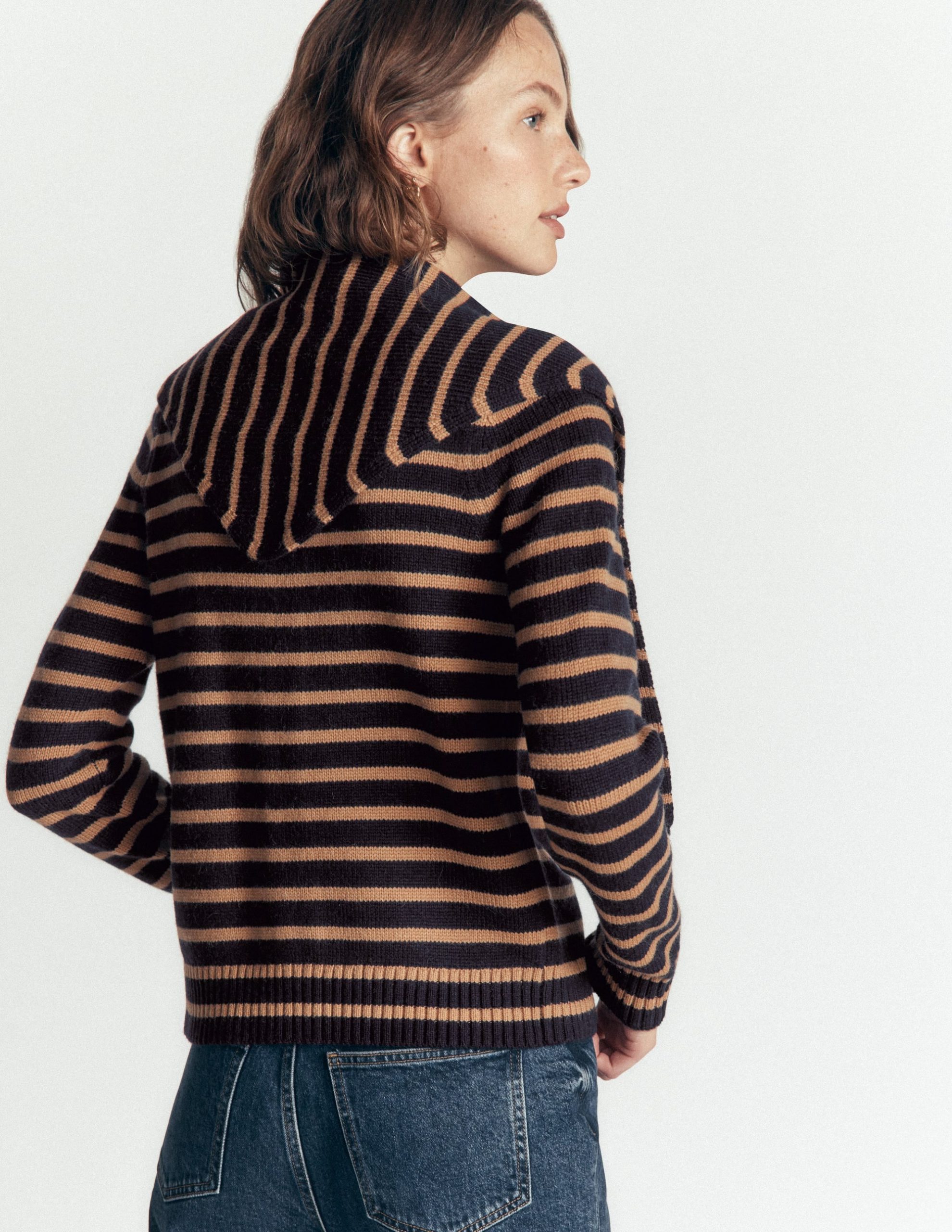 Lydia Tie Neck Knit Cardigan-Camel Melange. Navy Stripe - Image 3