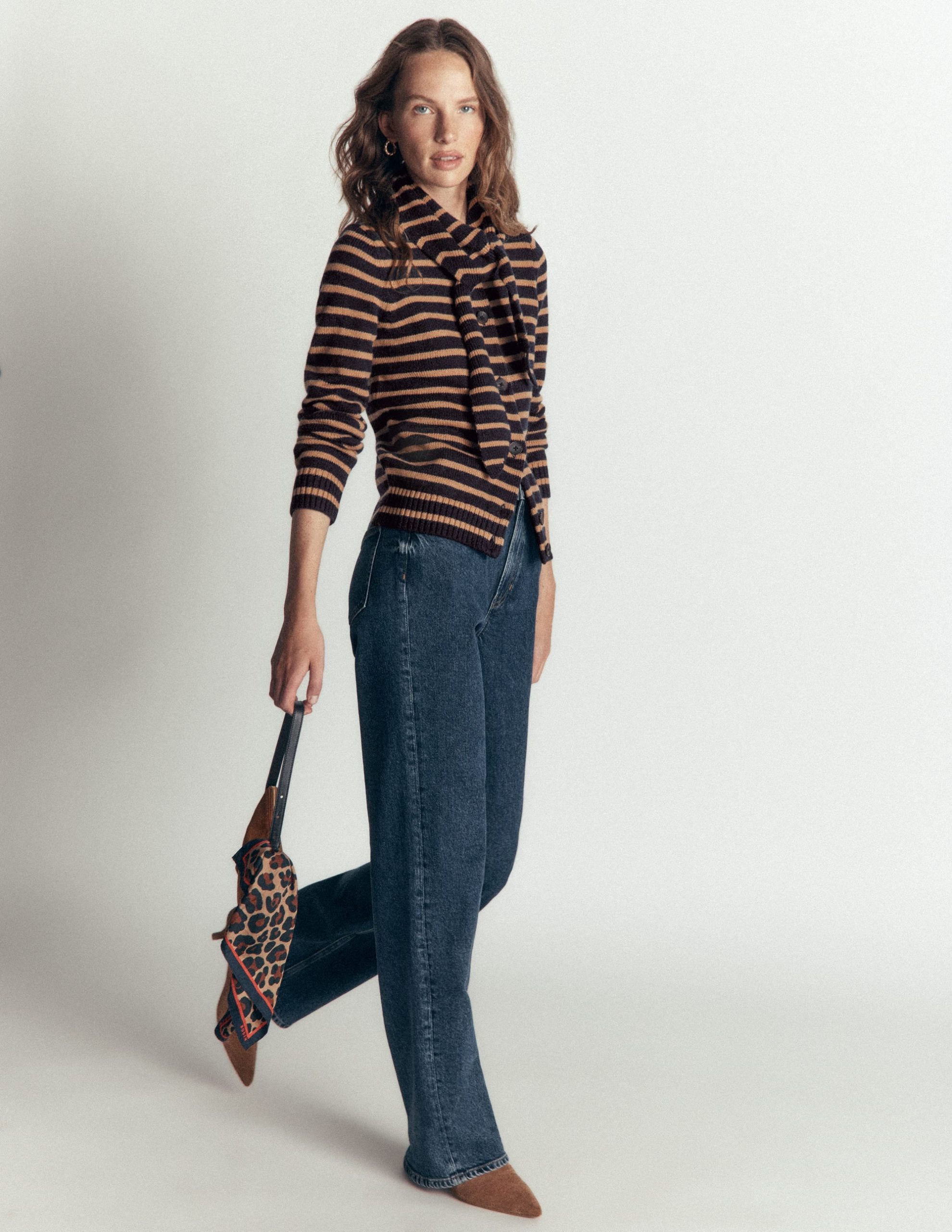 Lydia Tie Neck Knit Cardigan-Camel Melange. Navy Stripe - Image 4