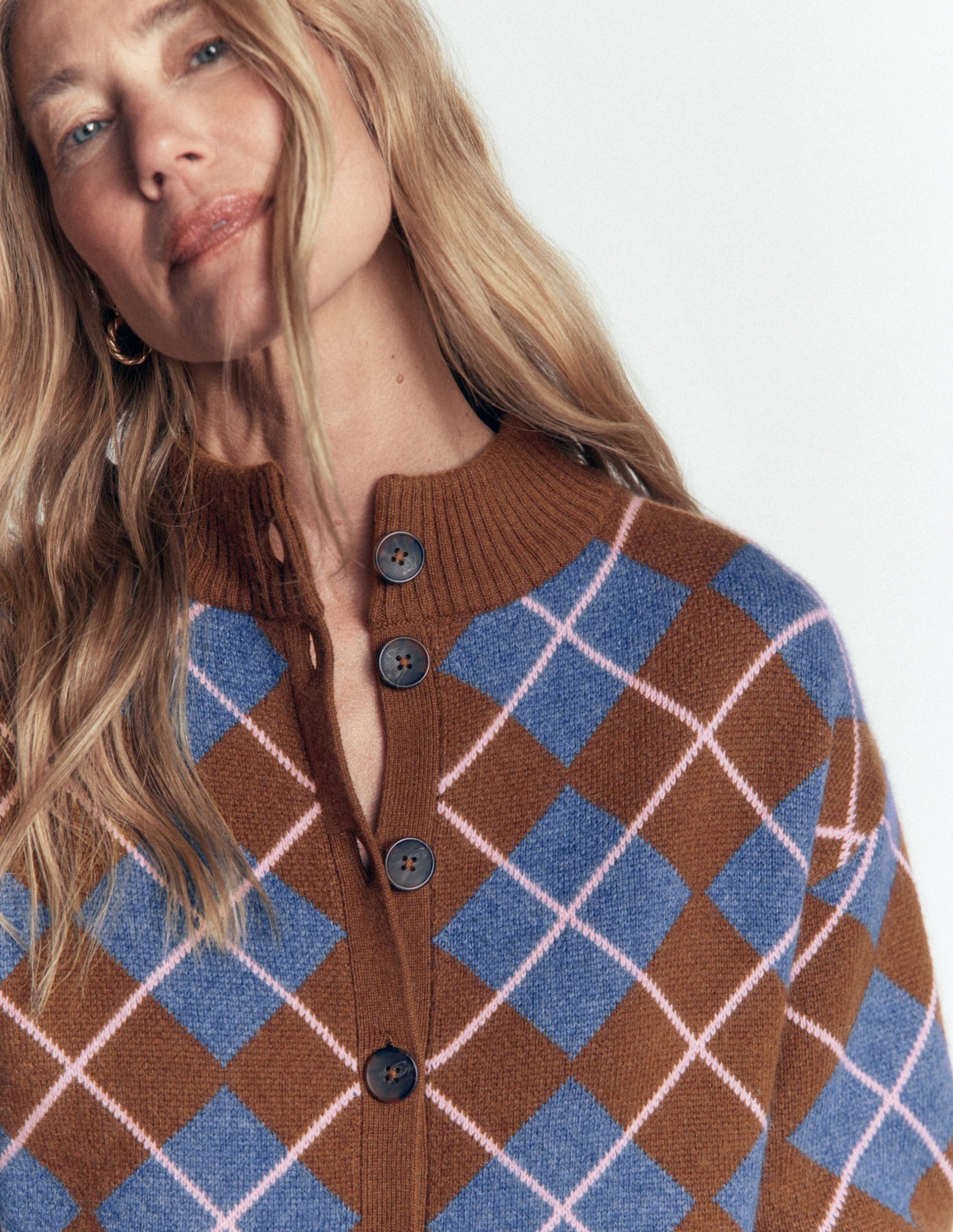 Jemma Jacquard Knit Cardigan-Raw Umber. Argyle - Image 3
