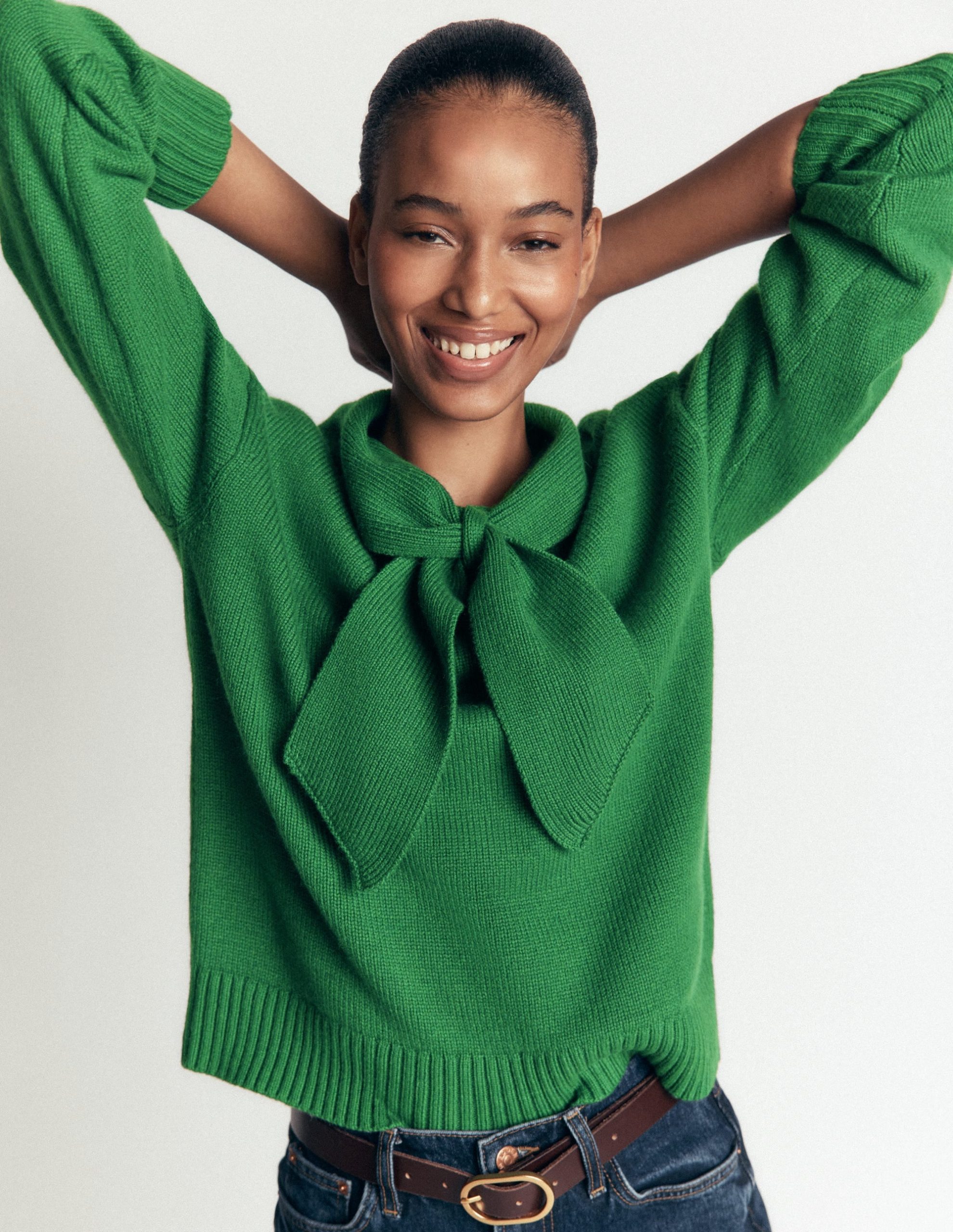 Lydia Tie Neck Knitted Sweater-Hunter Green Melange