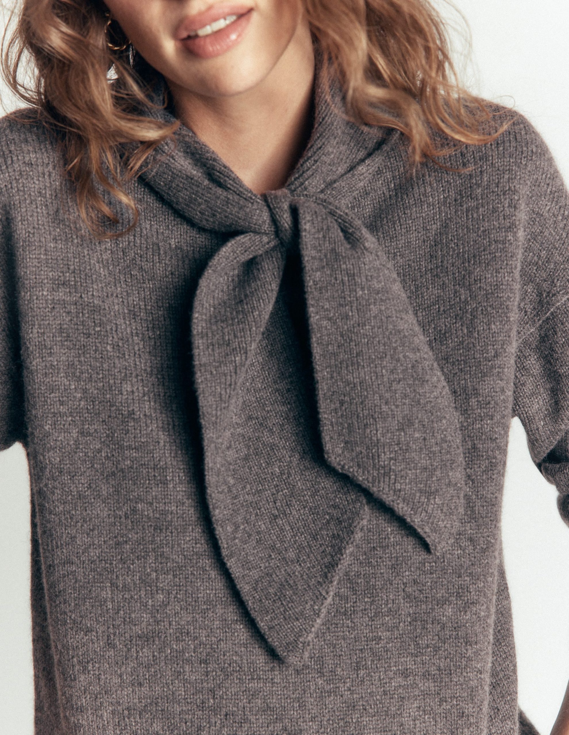 Lydia Tie Neck Knitted Sweater-Charcoal Melange - Image 2