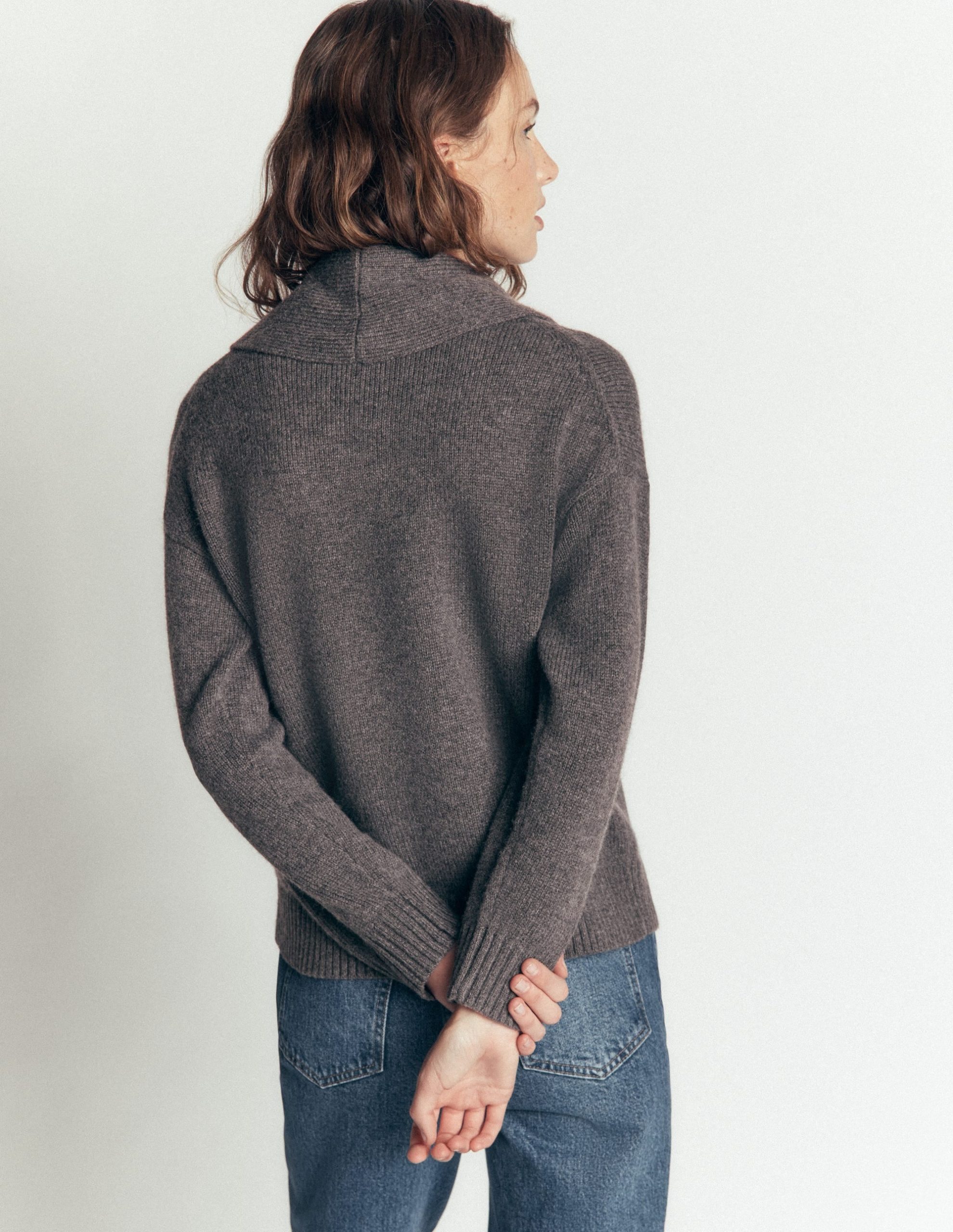 Lydia Tie Neck Knitted Sweater-Charcoal Melange - Image 3
