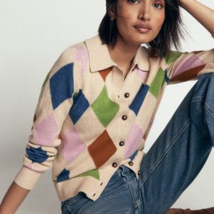 Ariadne Wool Blend Cardigan-Oatmeal Melange. Multi Argyle