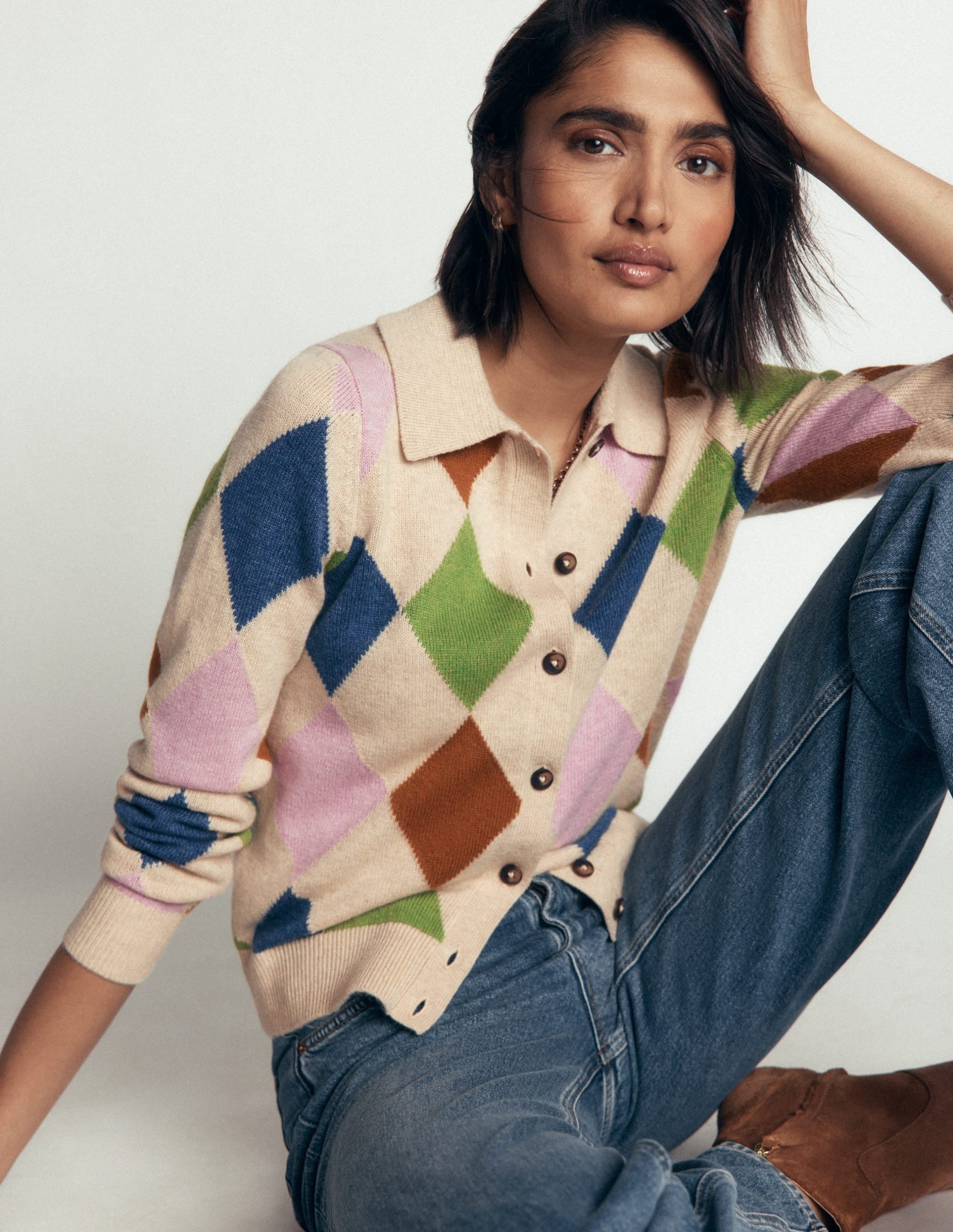 Ariadne Wool Blend Cardigan-Oatmeal Melange. Multi Argyle