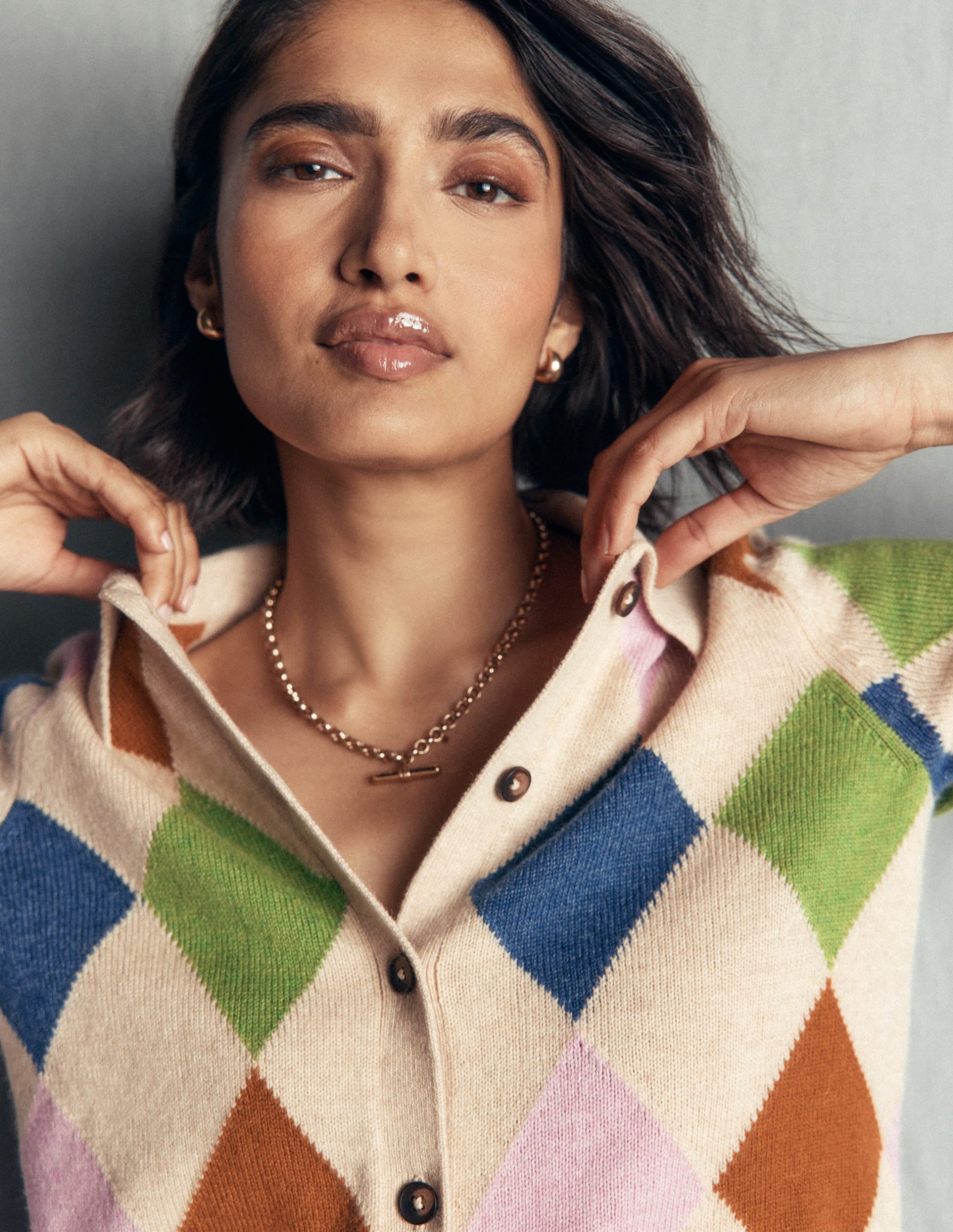 Ariadne Wool Blend Cardigan-Oatmeal Melange. Multi Argyle - Image 2