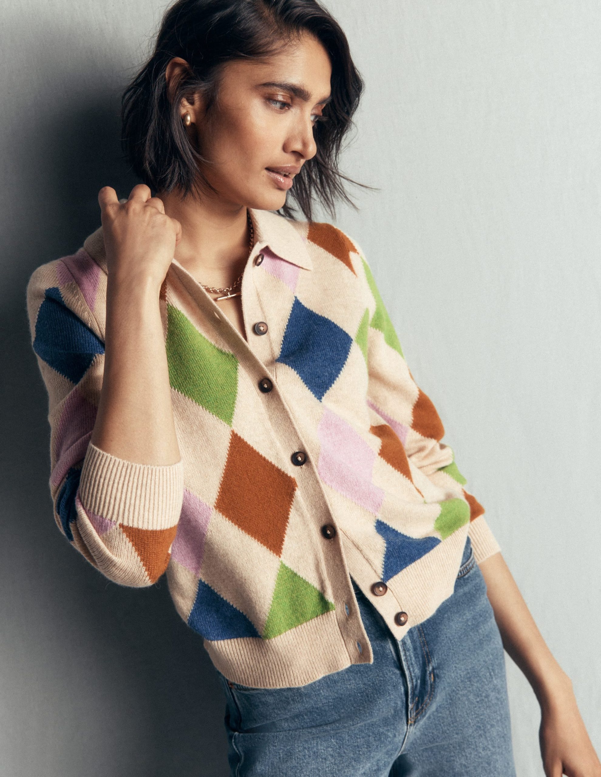 Ariadne Wool Blend Cardigan-Oatmeal Melange. Multi Argyle - Image 4