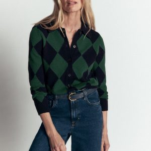 Ariadne Wool Blend Cardigan-Navy Argyle