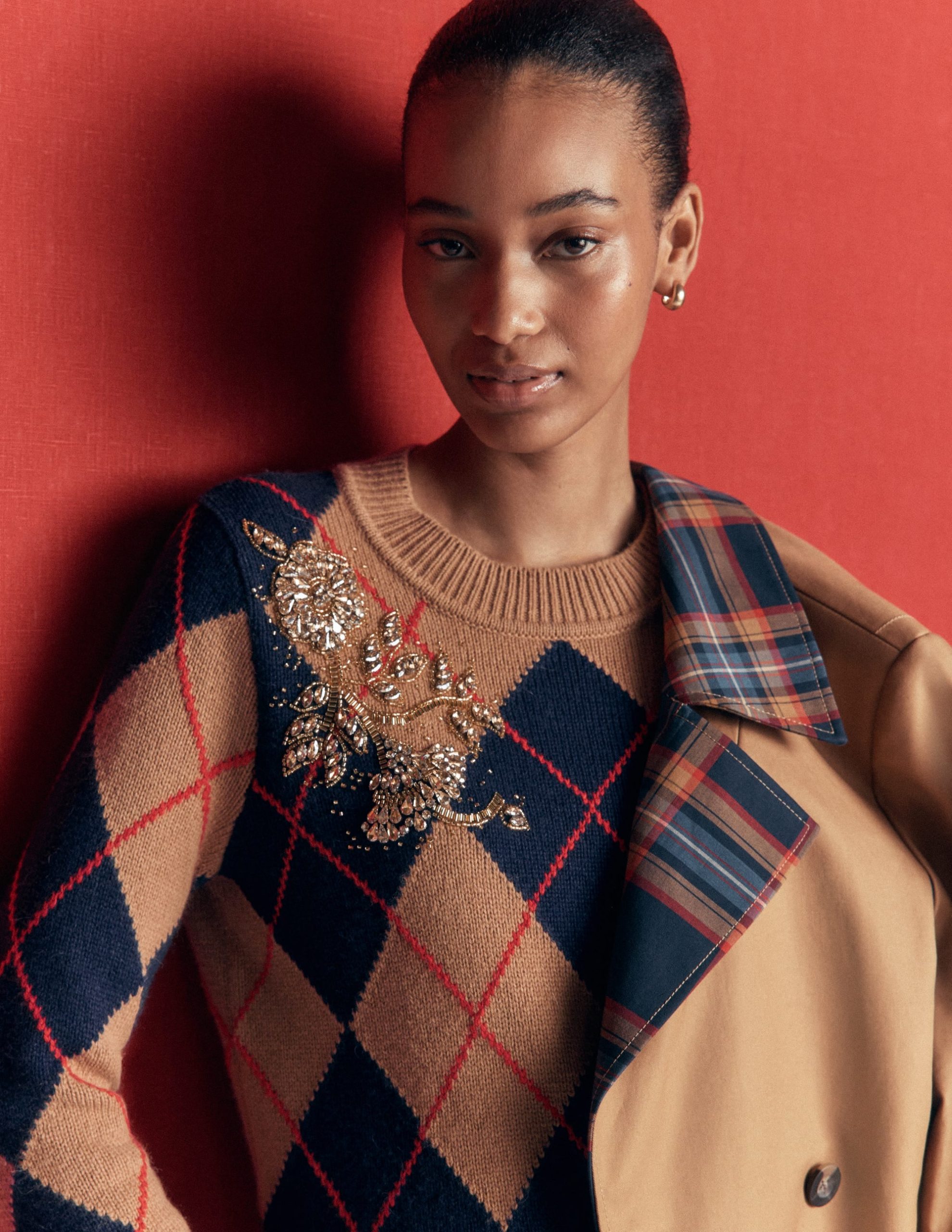 Embellished Jacquard Sweater-Camel Melange Argyle - Image 2