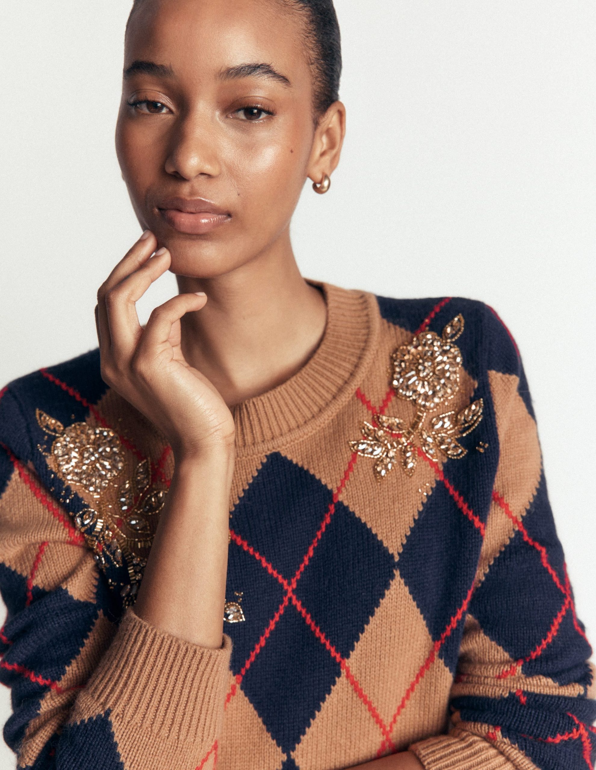 Embellished Jacquard Sweater-Camel Melange Argyle - Image 3