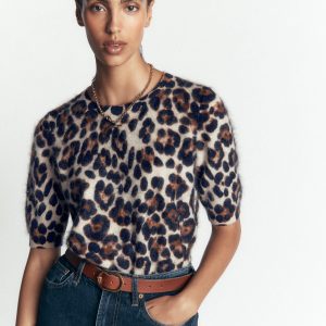 Kat Brushed Cashmere T-shirt-Camel. Leopard