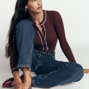 Paula Ribbed Crew Cardigan-Bitter Chocolate