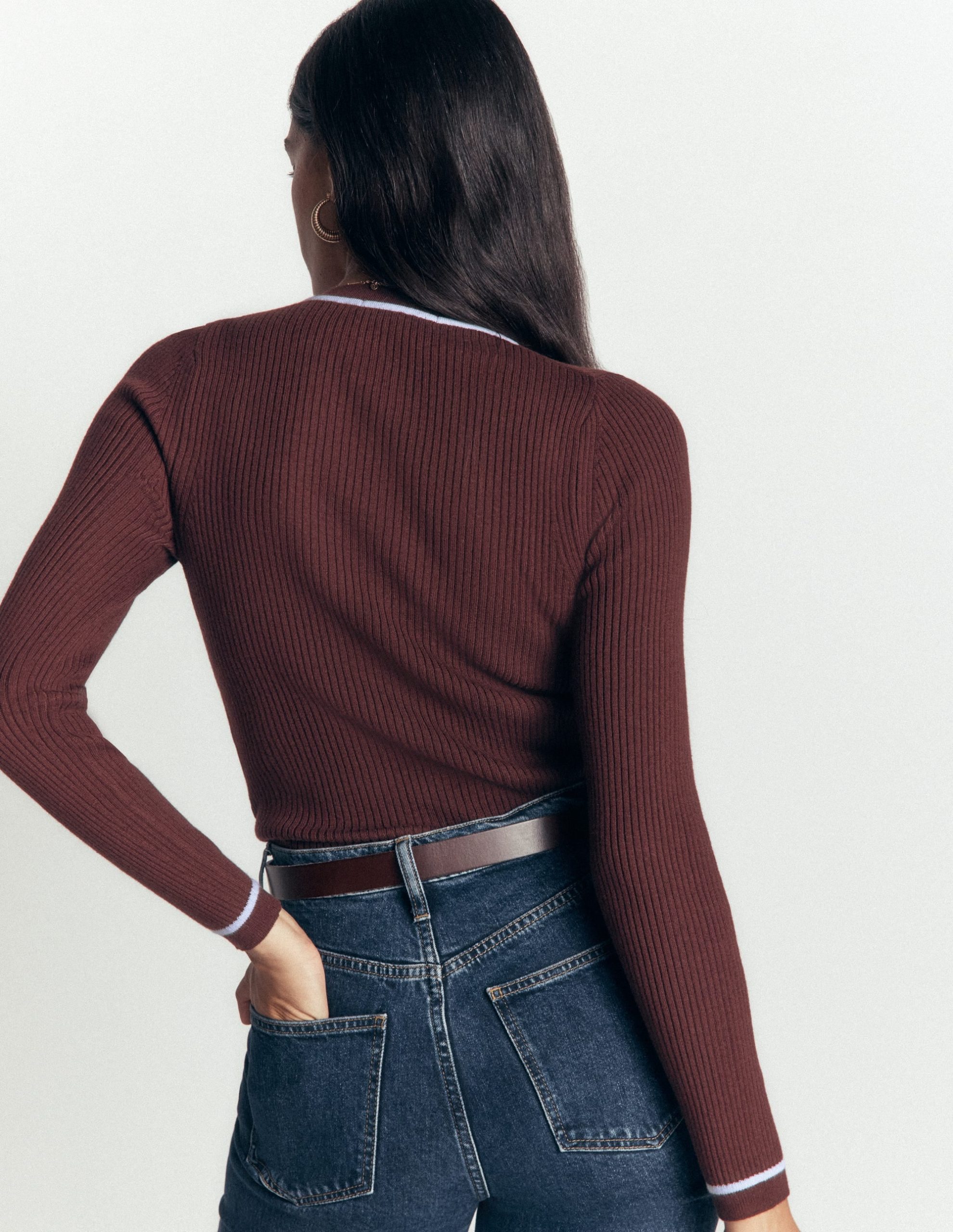 Paula Ribbed Crew Cardigan-Bitter Chocolate - Image 3