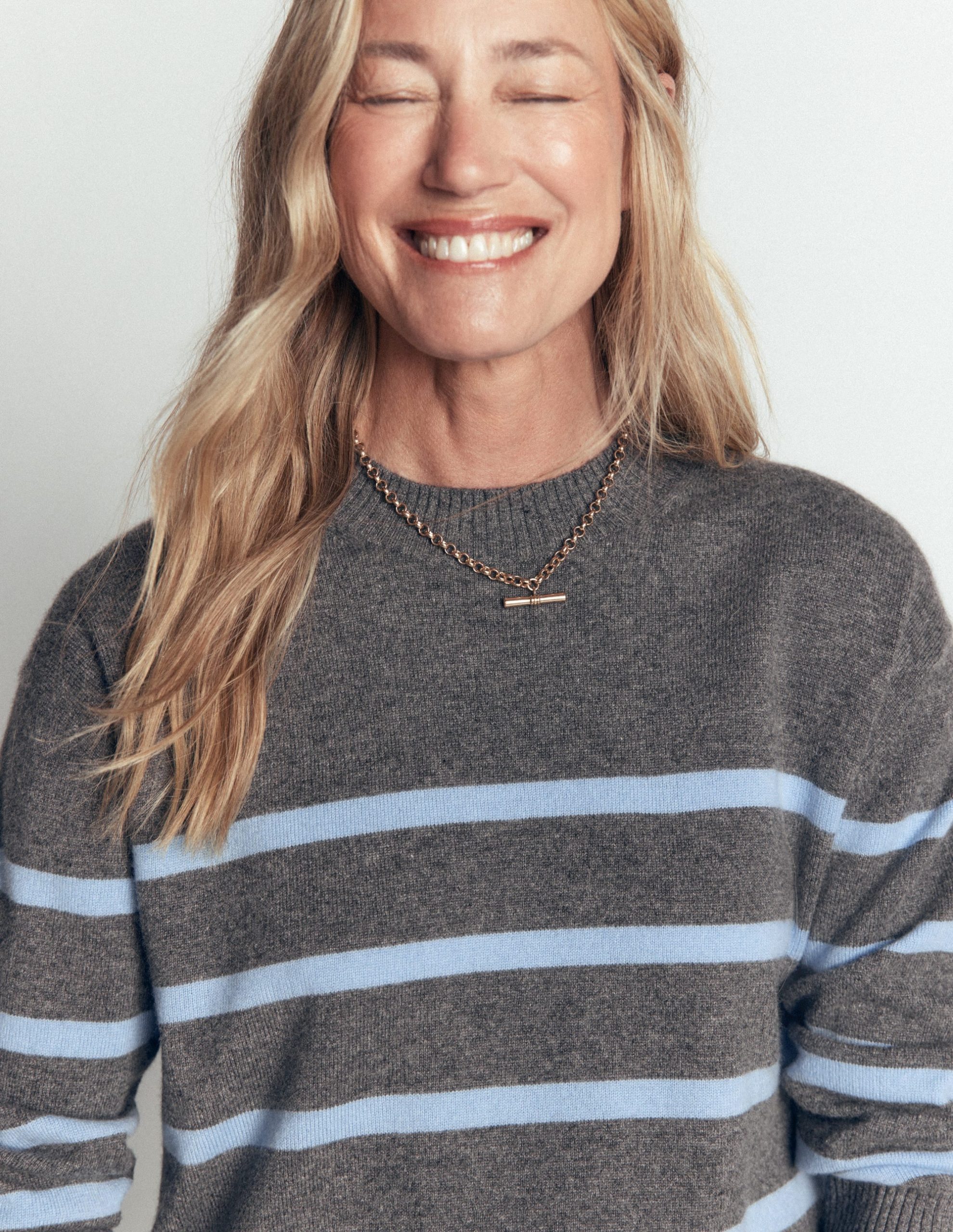 Fay Cashmere Crew Neck Sweater-Charcoal. Blue Stripe - Image 2
