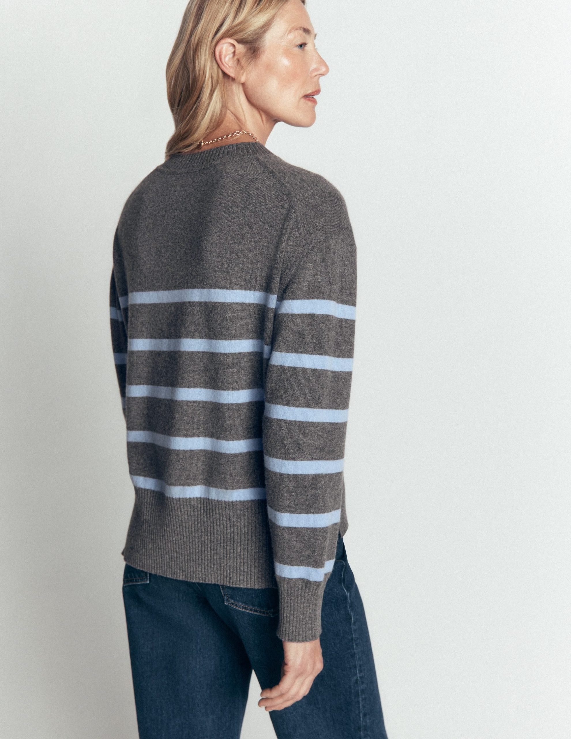 Fay Cashmere Crew Neck Sweater-Charcoal. Blue Stripe - Image 3