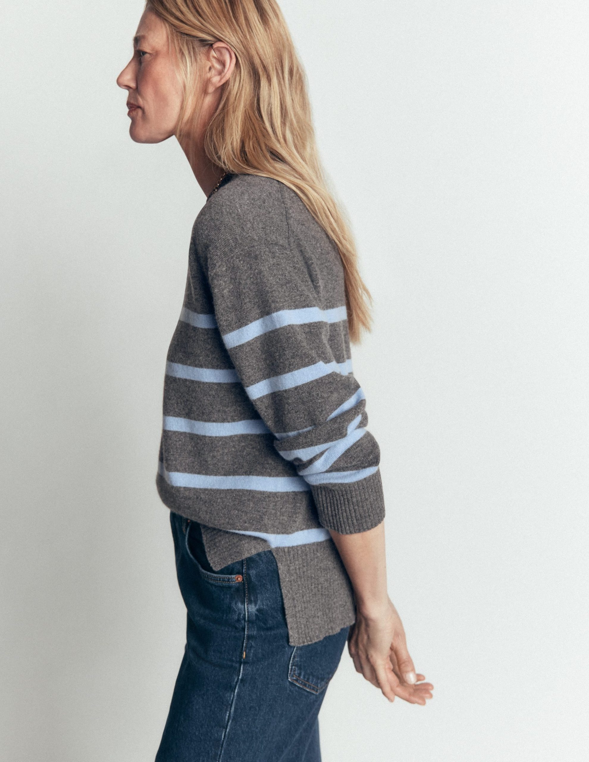 Fay Cashmere Crew Neck Sweater-Charcoal. Blue Stripe - Image 4