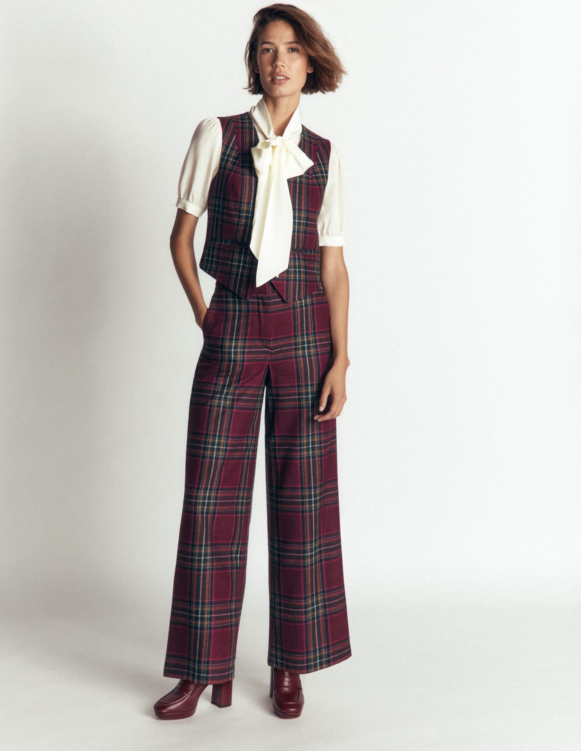 Belgravia Wool Blend Pants-Maroon And Olive Check