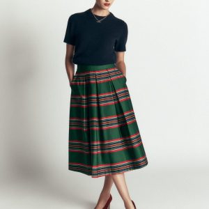 Verity Cotton Sateen Skirt-Green. Collegic Stripe
