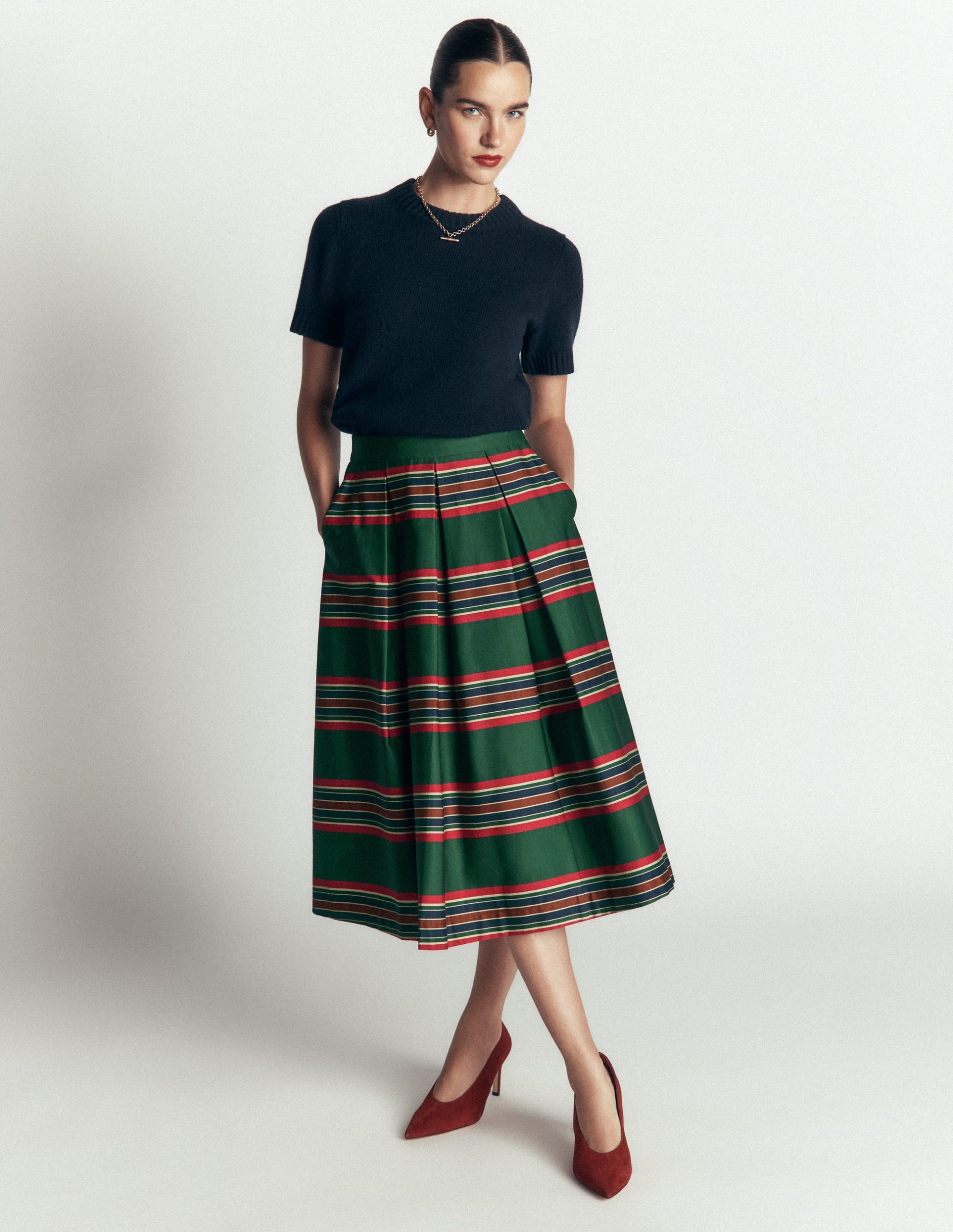 Verity Cotton Sateen Skirt-Green. Collegic Stripe