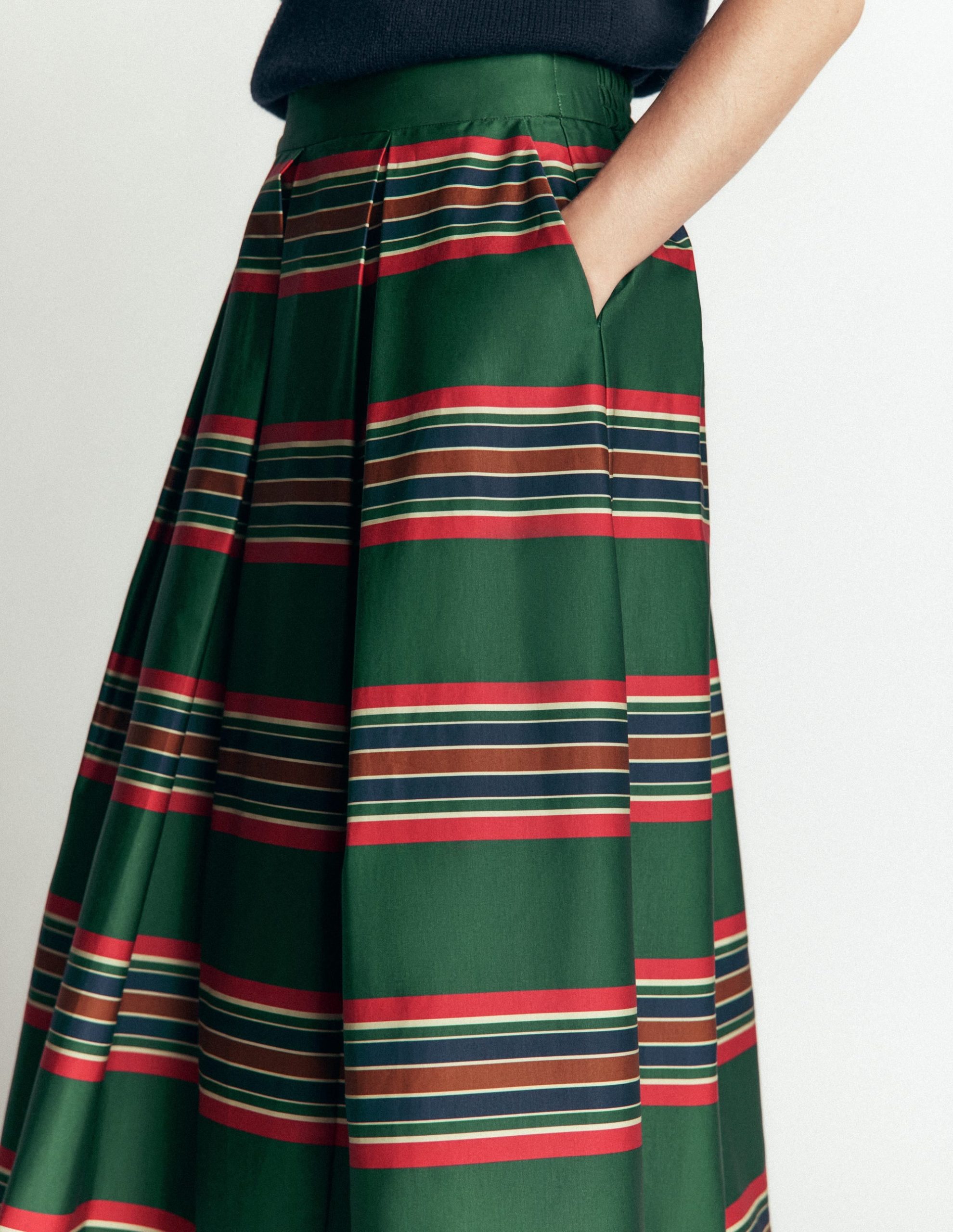 Verity Cotton Sateen Skirt-Green. Collegic Stripe - Image 2