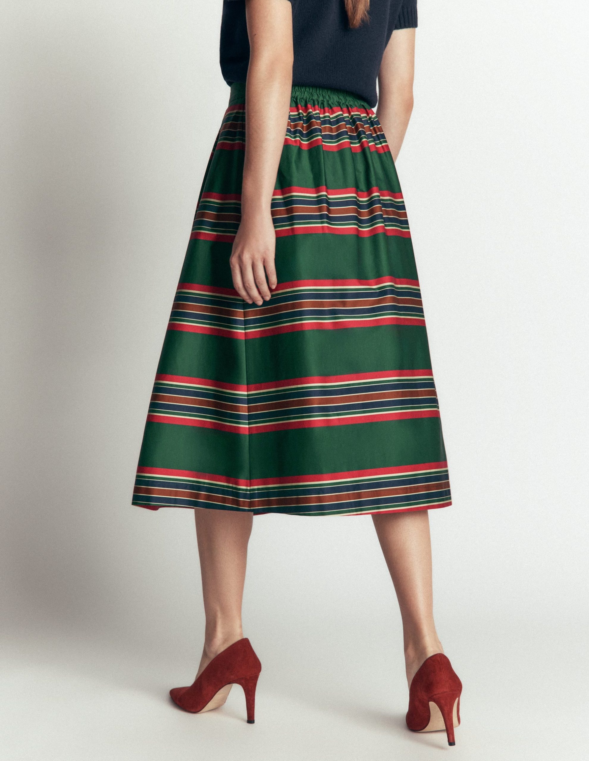Verity Cotton Sateen Skirt-Green. Collegic Stripe - Image 3