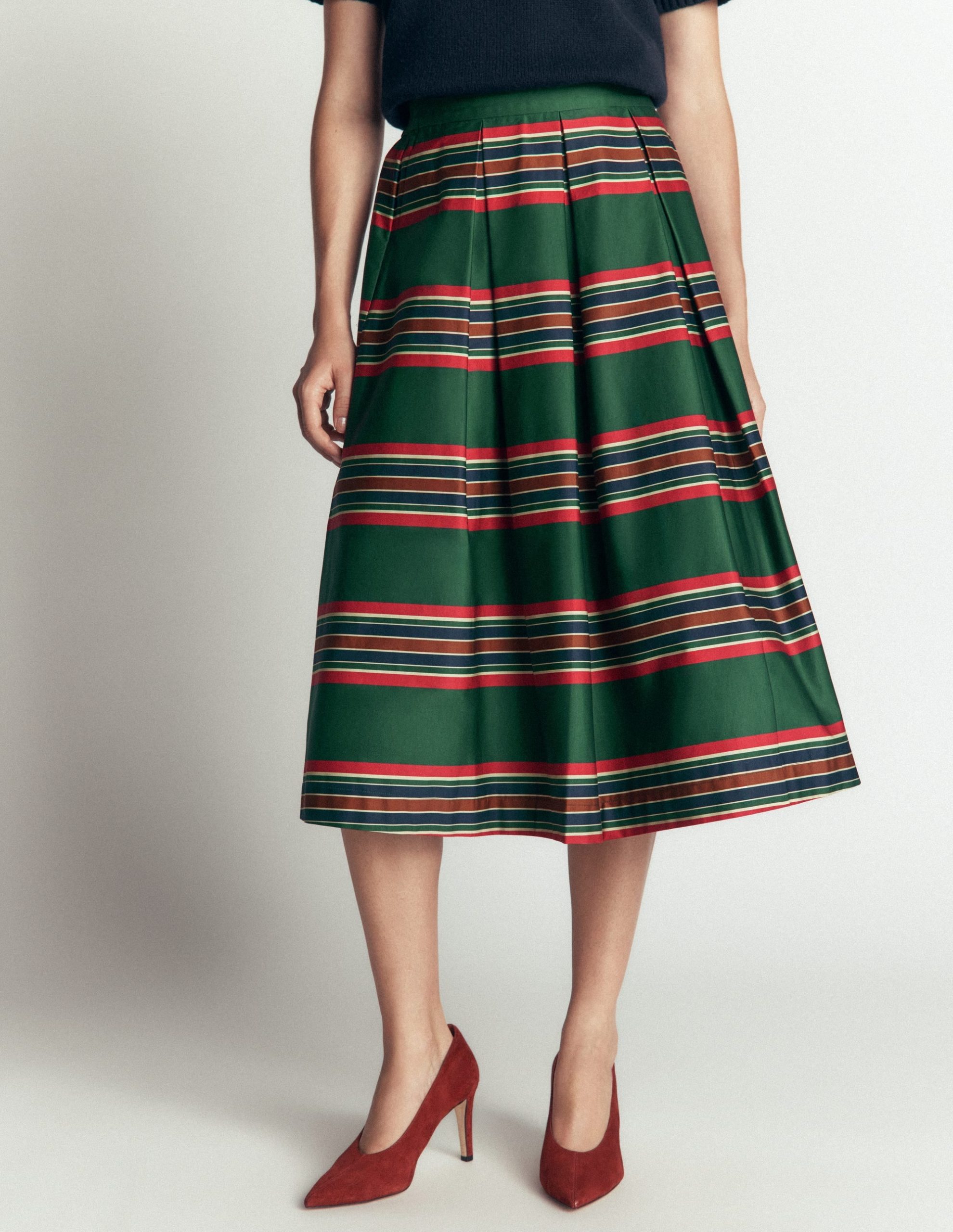 Verity Cotton Sateen Skirt-Green. Collegic Stripe - Image 4