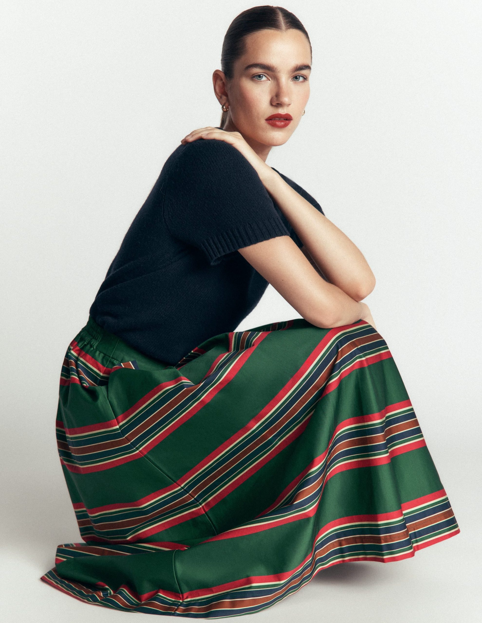 Verity Cotton Sateen Skirt-Green. Collegic Stripe - Image 5