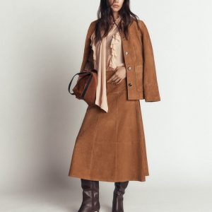 Suede Panelled Midi Skirt-Tan