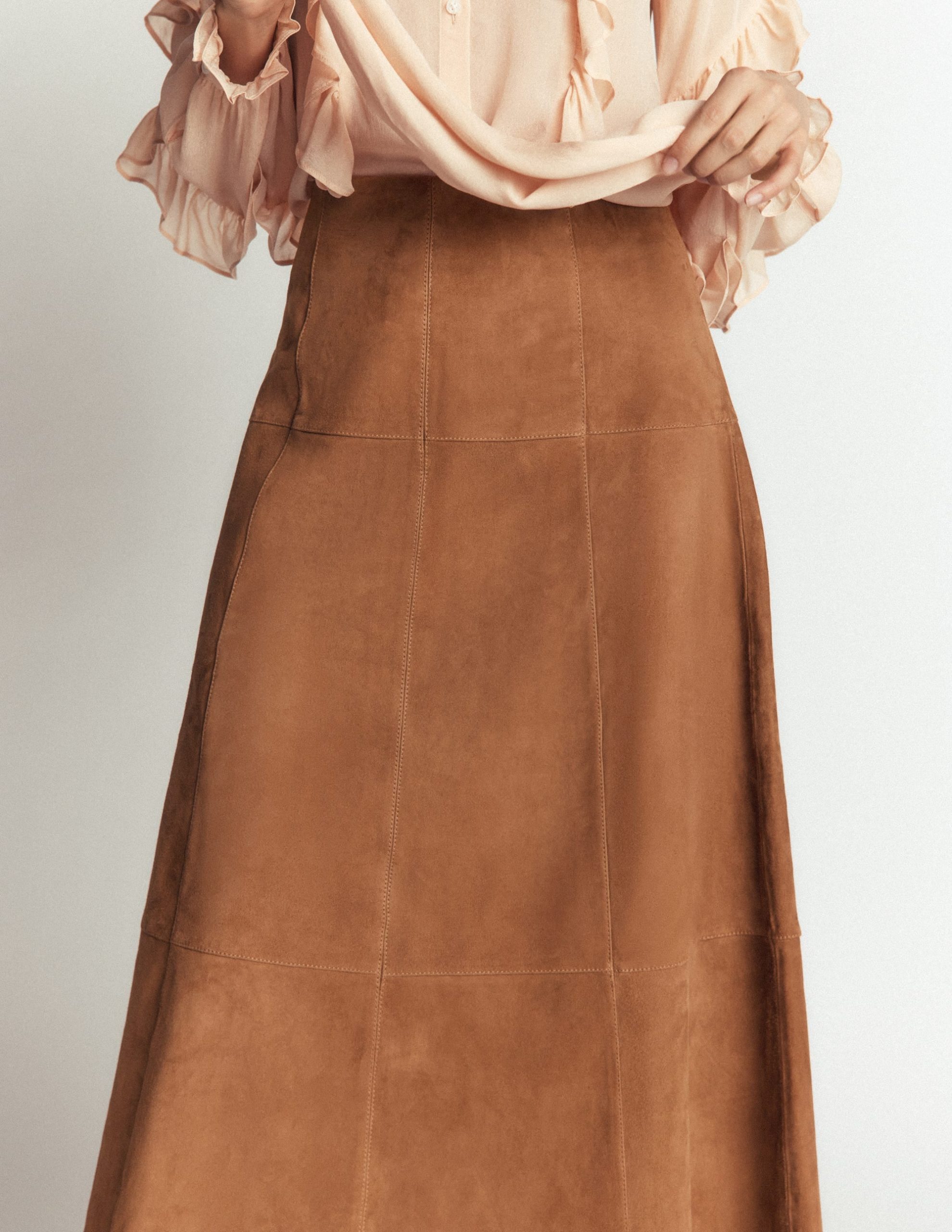 Suede Panelled Midi Skirt-Tan - Image 2