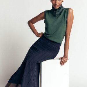 Ottoman Knitted Midi Skirt-Navy