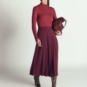 Pleat Side Split Midi Skirt-Dark Cherry