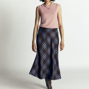 Wool Blend Slip Skirt-Brown Check