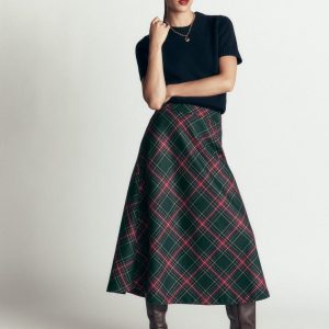 Wool Blend Slip Skirt-Green Check