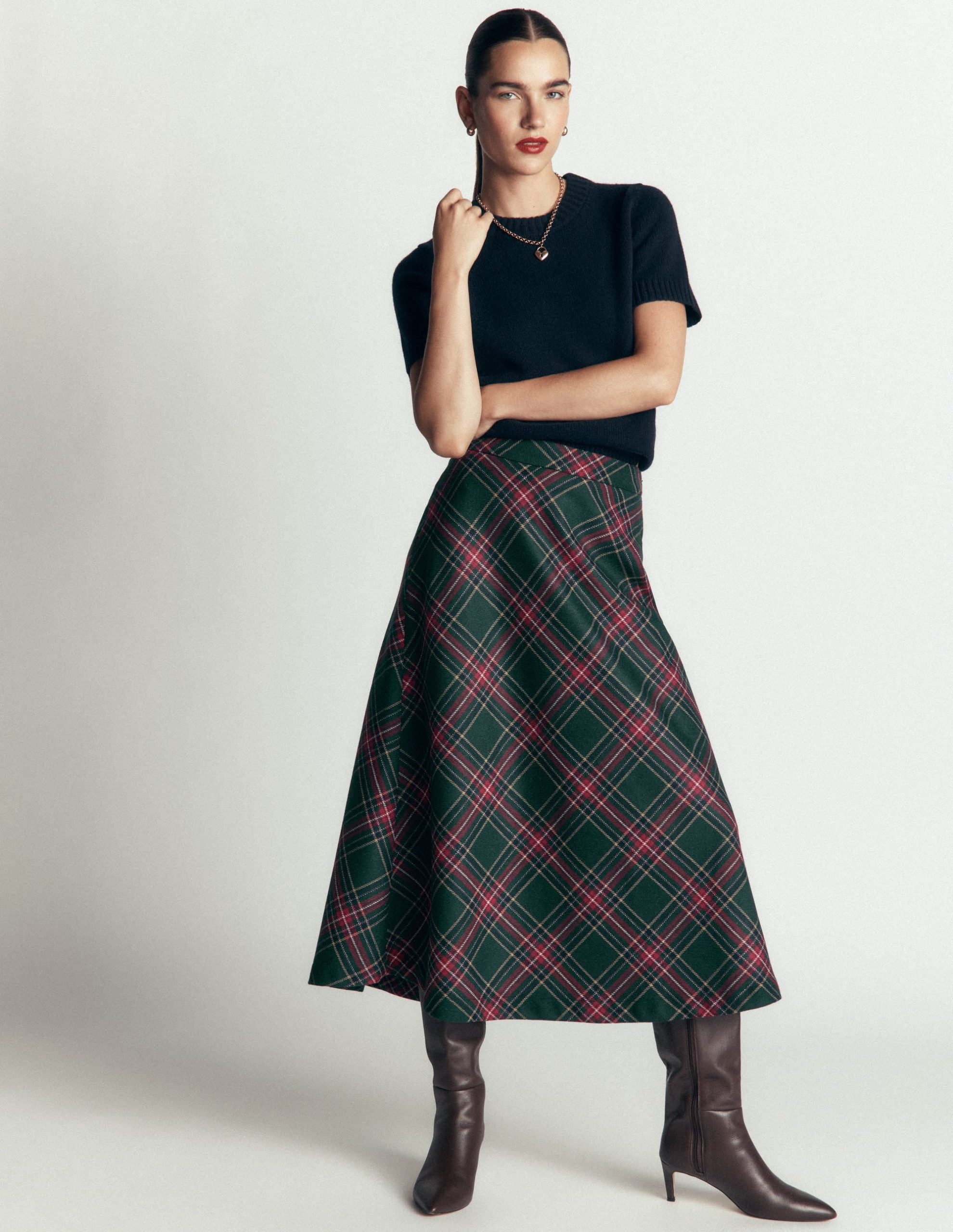 Wool Blend Slip Skirt-Green Check
