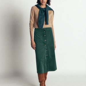 Val Button Cord Midi Skirt-Midnight Teal
